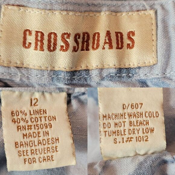 Vintage 80s Linen True Wrap Midi Skirt 12 Blue Monochromatic Floral Side Button - Picture 3 of 13